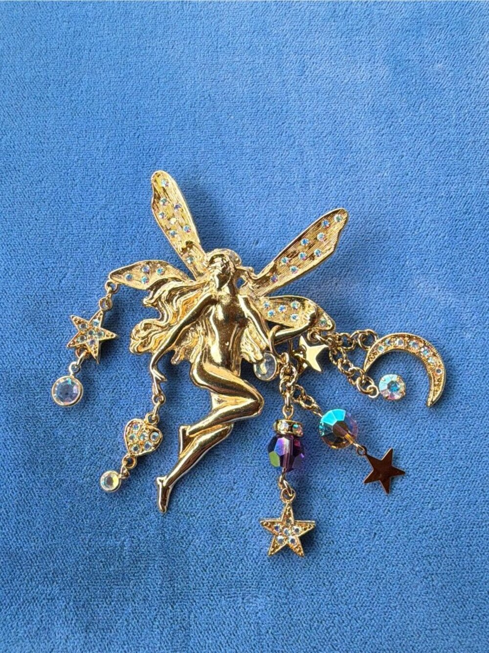 Vintage Kirks Folly Fairy Brooch Pin Gold Tone Celestial Moon Star Dangle Crysta